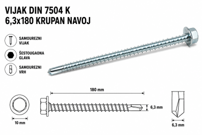 VIJAK DIN 7504 K 6,3x180 KRUPAN NAVOJ